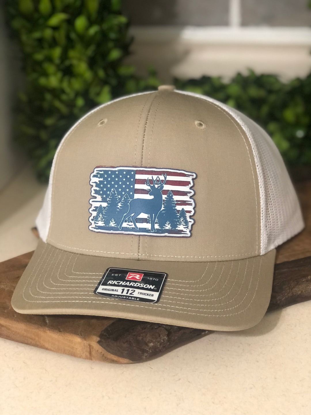 Deer Scene Red, White Blue Patch Richardson 112 Trucker Snapback Hat
