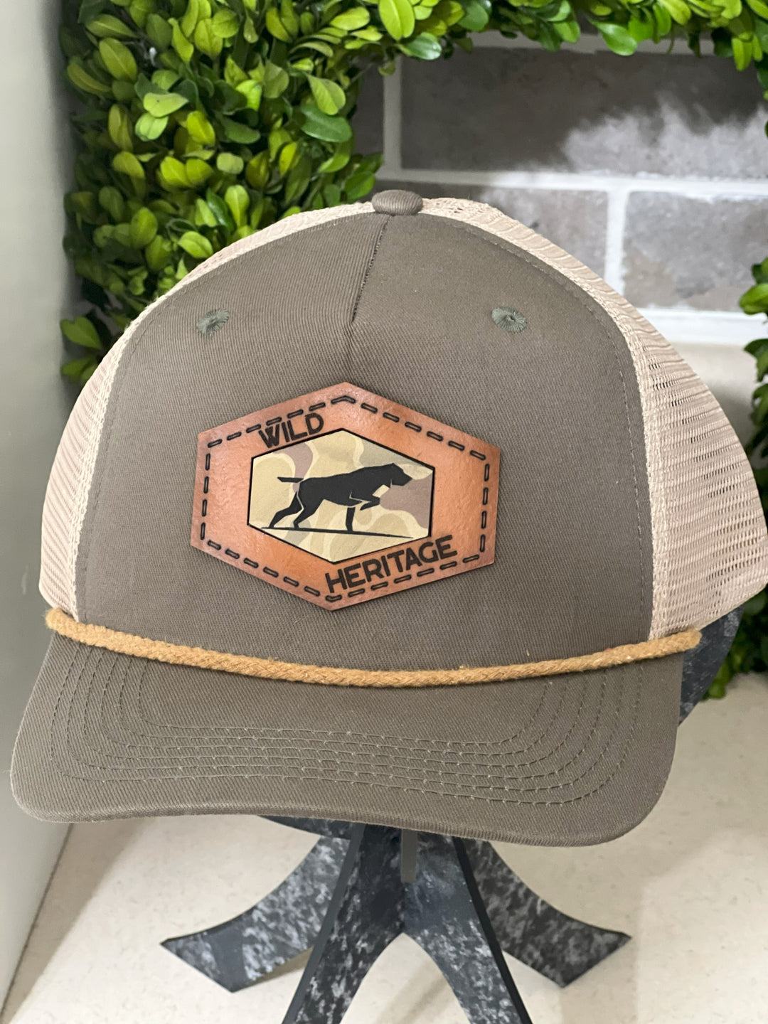 Wild Heritage Premium Collection - Lost Hat Co. Olive Goat Rope hat w/Leather and Camo Pointer Patch