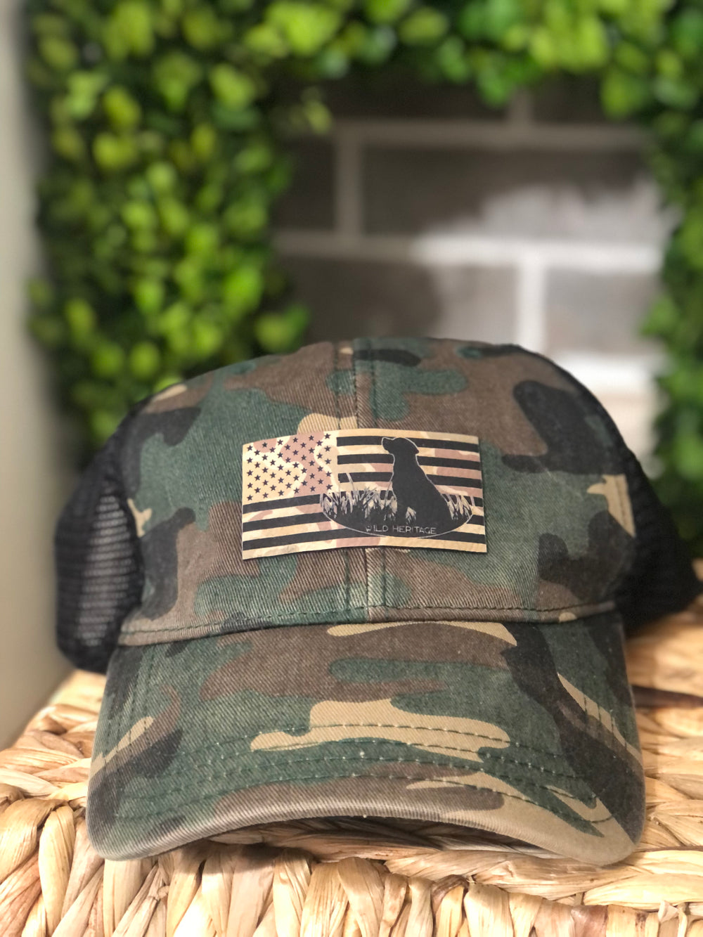 US Flag with Labrador Profile Richardson Camo Trucker Cap